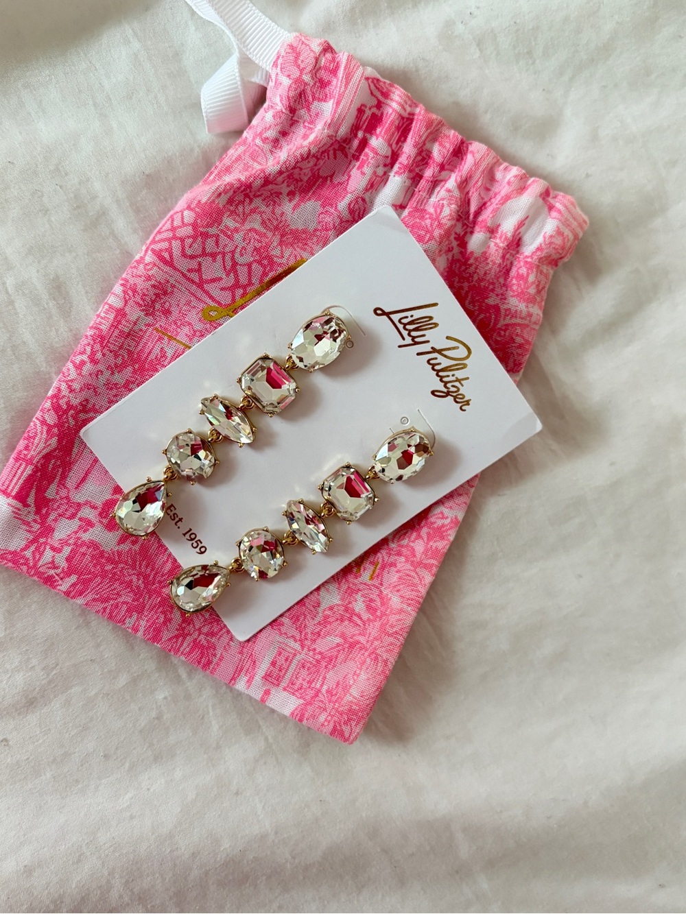 Lilly Pulitzer Pink Drawstring Pouch with Gold Crystal Drop Earrings